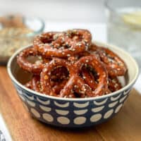 Closeup view of a Bowl of Everything Bagel Pretzels