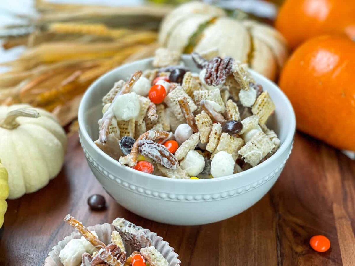 Bowl of 5 Minute Fall Crack (aka Fall Snack Chex Mix)