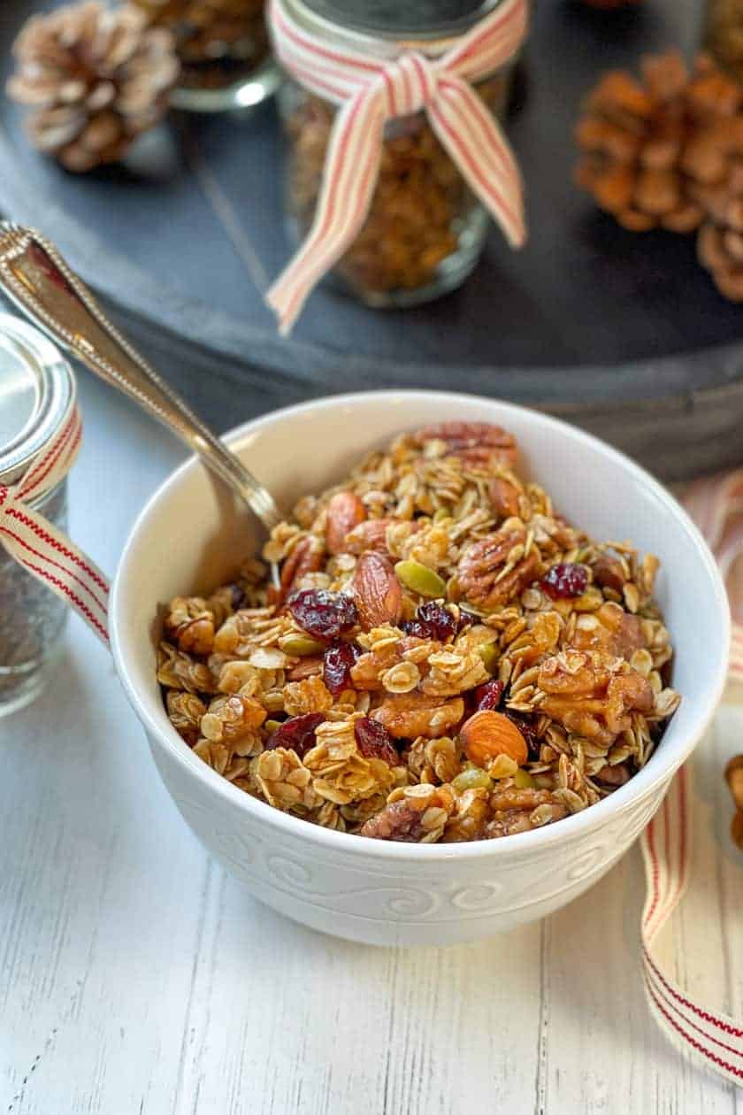 Closeup view of a bowl of Christmas Granola