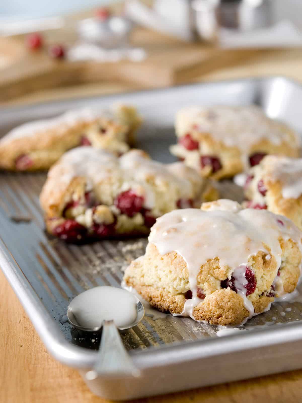Cranberry scones, drizzled with vanilla icing, on a cooling rack.