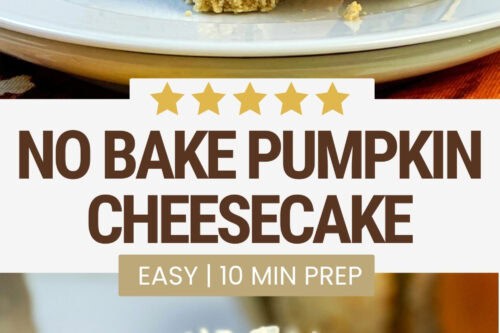 Pinterest image showing easy no bake pumpkin cheesecake slice with whipped cream