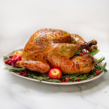 Top vertical view of roast turkey with apple cider on a serving platter garnished with fresh bay leaves, rosemary, whole apples, and cranberries.