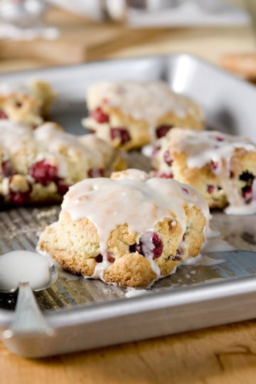 Closeup view of ginger cranberry scones glazed with vanilla icing and cooling on a metal rack.
