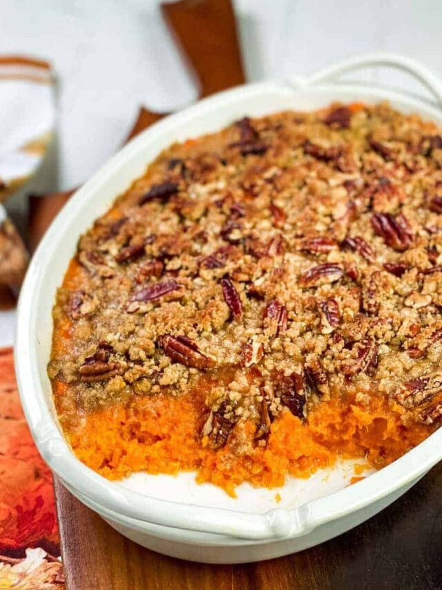 Side view of Sweet Potato Casserole with Pecan Topping