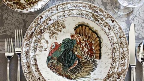 A table setting with a decorative plate featuring a turkey illustration, surrounded by Thanksgiving kitchen essential tools like silverware, a salad plate with greens, and a glass on a lace tablecloth.