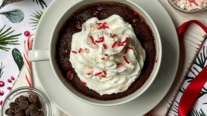 Distant top view of Christmas Chocolate Mug Cake with candy canes