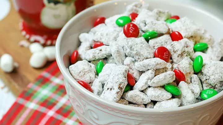 Closeup view of a bowl of Christmas Muddy Buddies