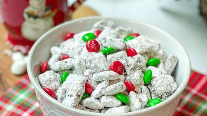 View of Christmas Muddy Buddies with Red Snowman Mug