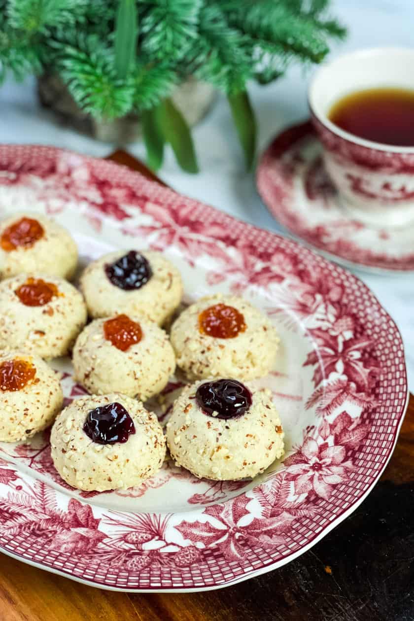 Closeup view of Christmas Thumbprint Cookies