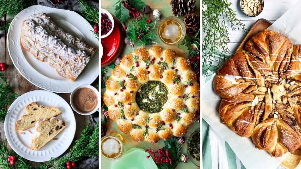Three image collage of Christmas breads and holiday loaves to bake for Christmas dinner or as food gifts.