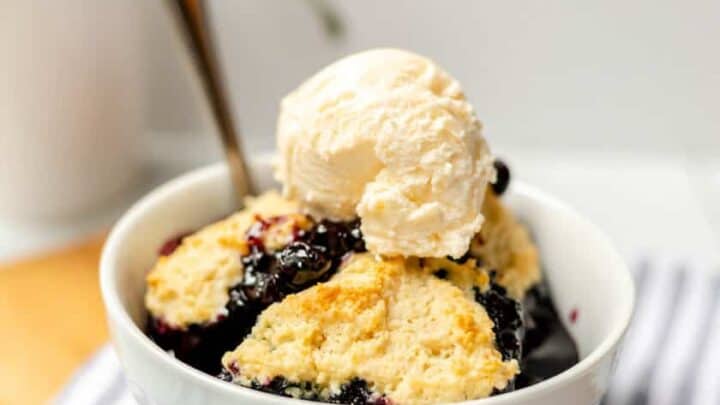 Individual serving of blueberry cobbler in a white bowl with vanilla ice cream