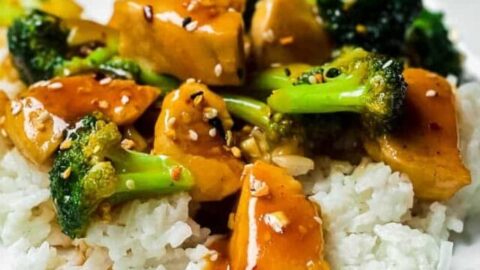 Closeup view of Chicken Broccoli on a plate with steamed rice