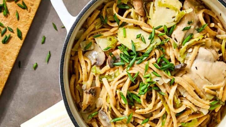 Creamy Chicken, Brussels Sprouts and Mushroom One Pot Pasta