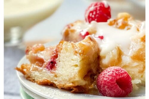 Pinterest Pin for Croissant Bread Pudding with Vanilla Cream Sauce