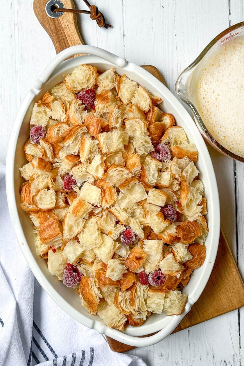 Unbaked Croissant Bread Pudding with egg custard poured over the top.