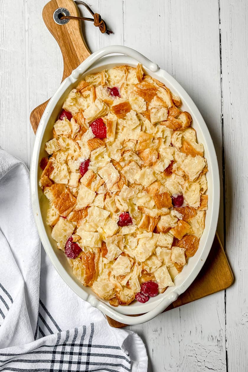 Unbaked Croissant Bread Pudding that has been soaked for 15 minutes.