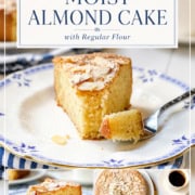 A slice of Almond Cake is served on a plate with a fork, shown alongside the whole almond cake and a second slice on a white and blue table setting.