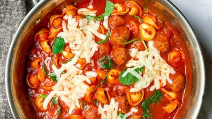 Top view of Skillet Tortellini with Spinach