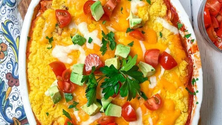 Top view of baked Tamale Pie with toppings