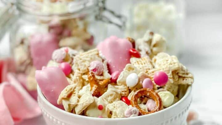 Valentine's Day Crack in a white bowl with a glass jar for gifting