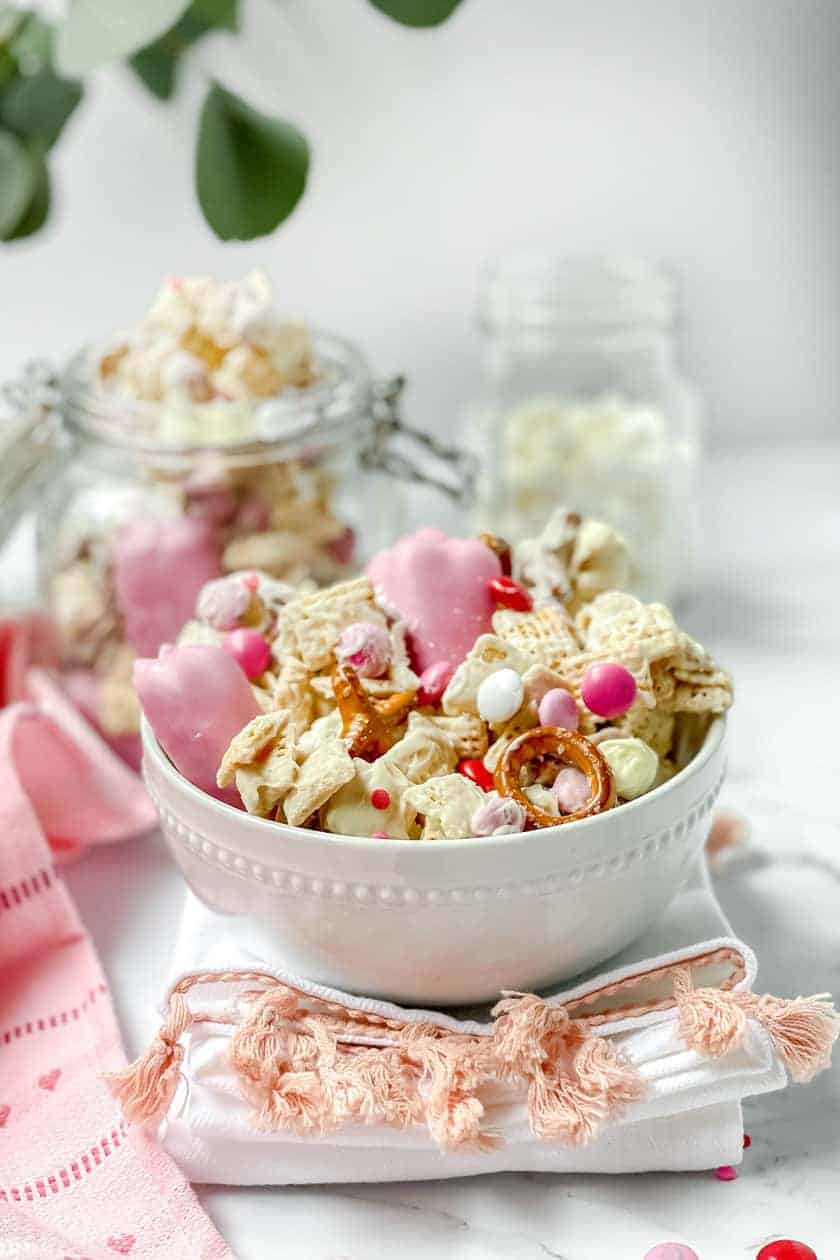 Valentine's Day Crack in a white bowl with a glass jar for gifting