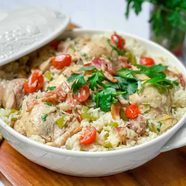 Side view of Chicken Perloo is a covered casserole dish