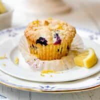 Lemon Blueberry Muffin on a blue and white plate