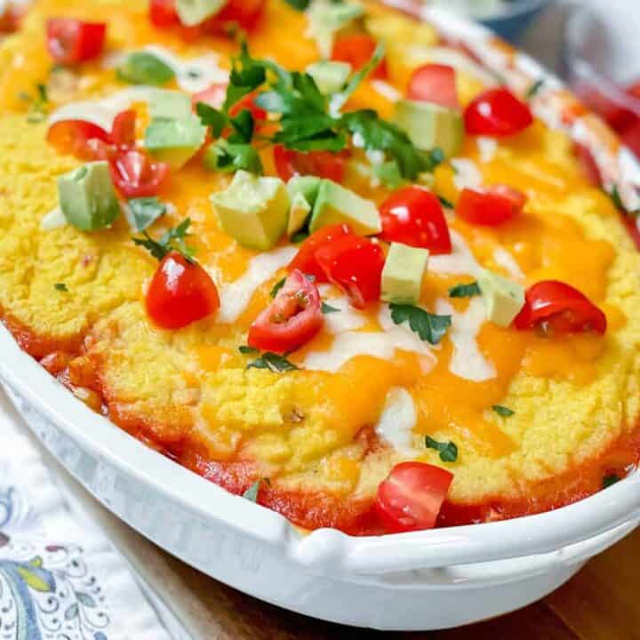 Closeup view of Tamale Pie in an oval casserole dish
