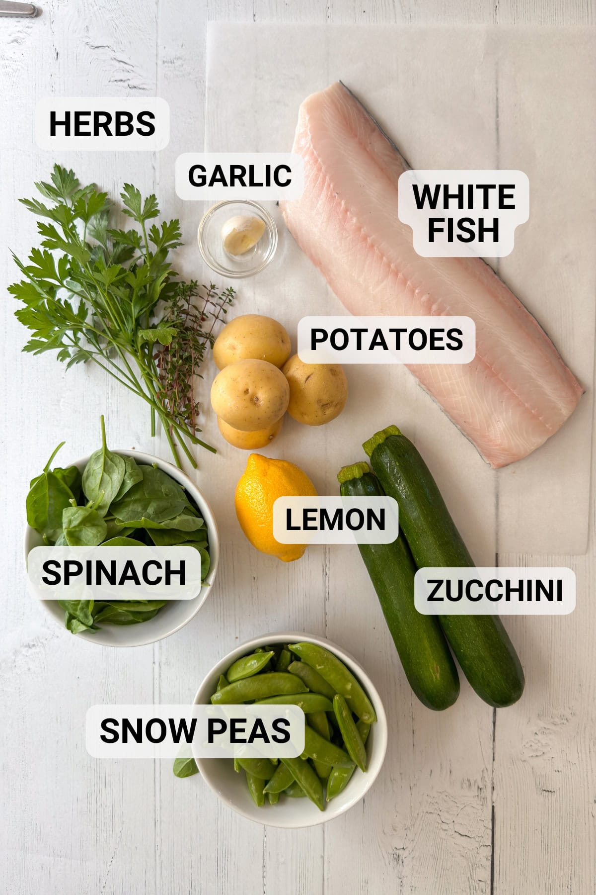 Ingredients for baked fish recipes with white fish fillet, fresh herbs, spinach, zucchini, lemon, and garlic.