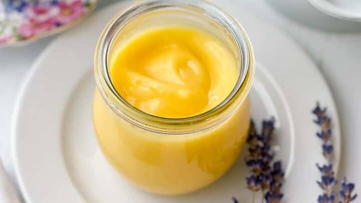 Top view of a jar of Homemade Lemon Curd with lavender