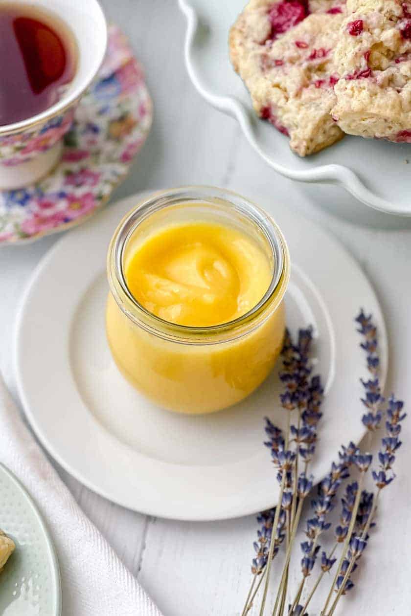Top view of a jar of Homemade Lemon Curd with lavender