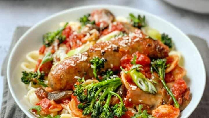 Serving of Orecchiette Pasta with Sausage in a pasta dish with fresh parsley