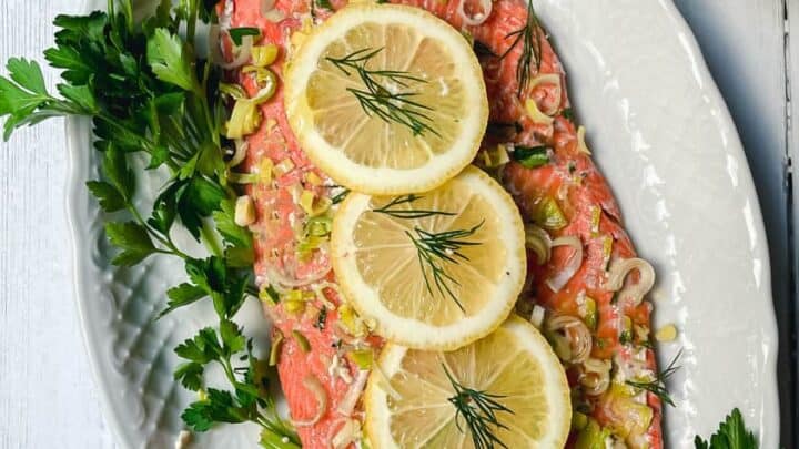 Top view of Irish Baked Salmon and Cream Sauce