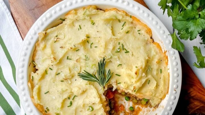 Top view of Irish Shepherd's Pie with Champ Mash with a portion missing
