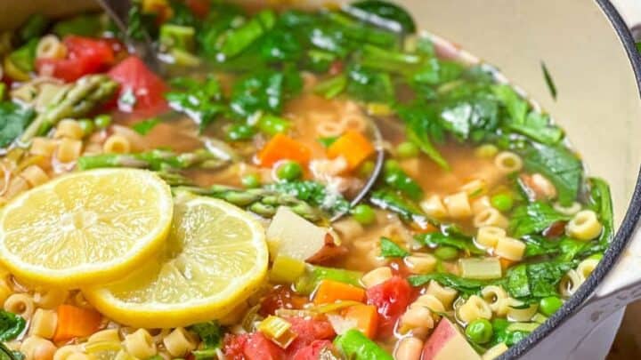 Closeup view of Spring Minestrone Soup in a Dutch Oven