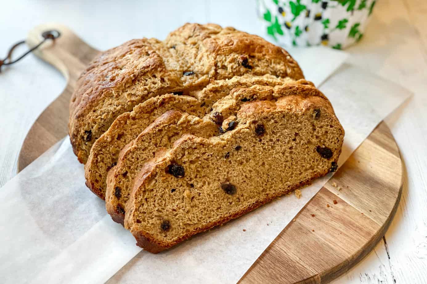 Closeup view of sliced Irish Brown Soda Bread with Molasses