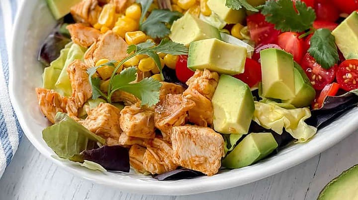 Side view of Chicken Taco Salad with Fresh Avocados