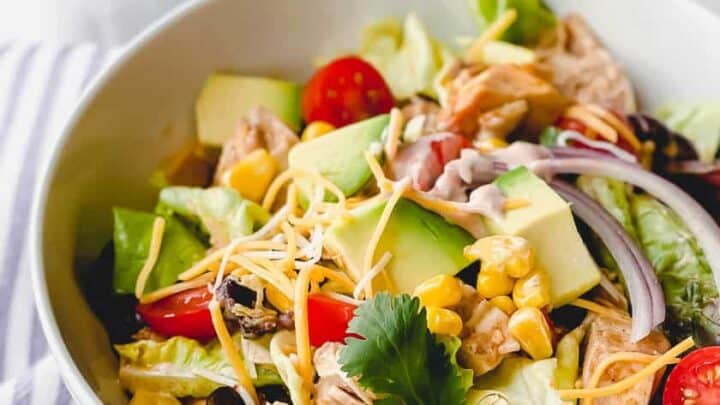 Closeup view of Chicken Taco Salad serving in a bowl with cheese