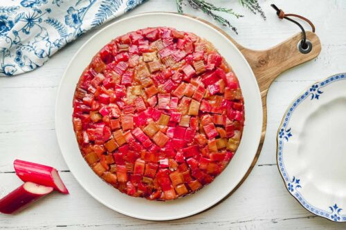 Top view of Baked Rhubarb Upside Down Cake