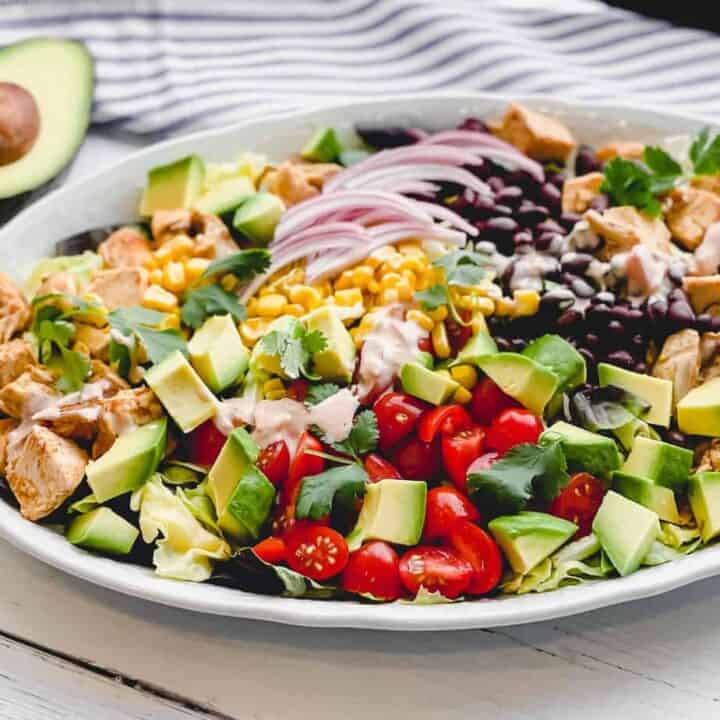 Horizontal view of Chicken Taco Salad on a white serving platter