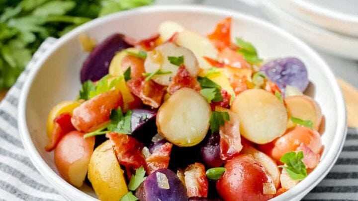 View of German Potato Salad with olive oil in the background