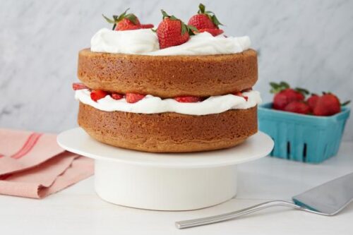 Side view of simple Strawberry Country Cake for Memorial Day Desserts
