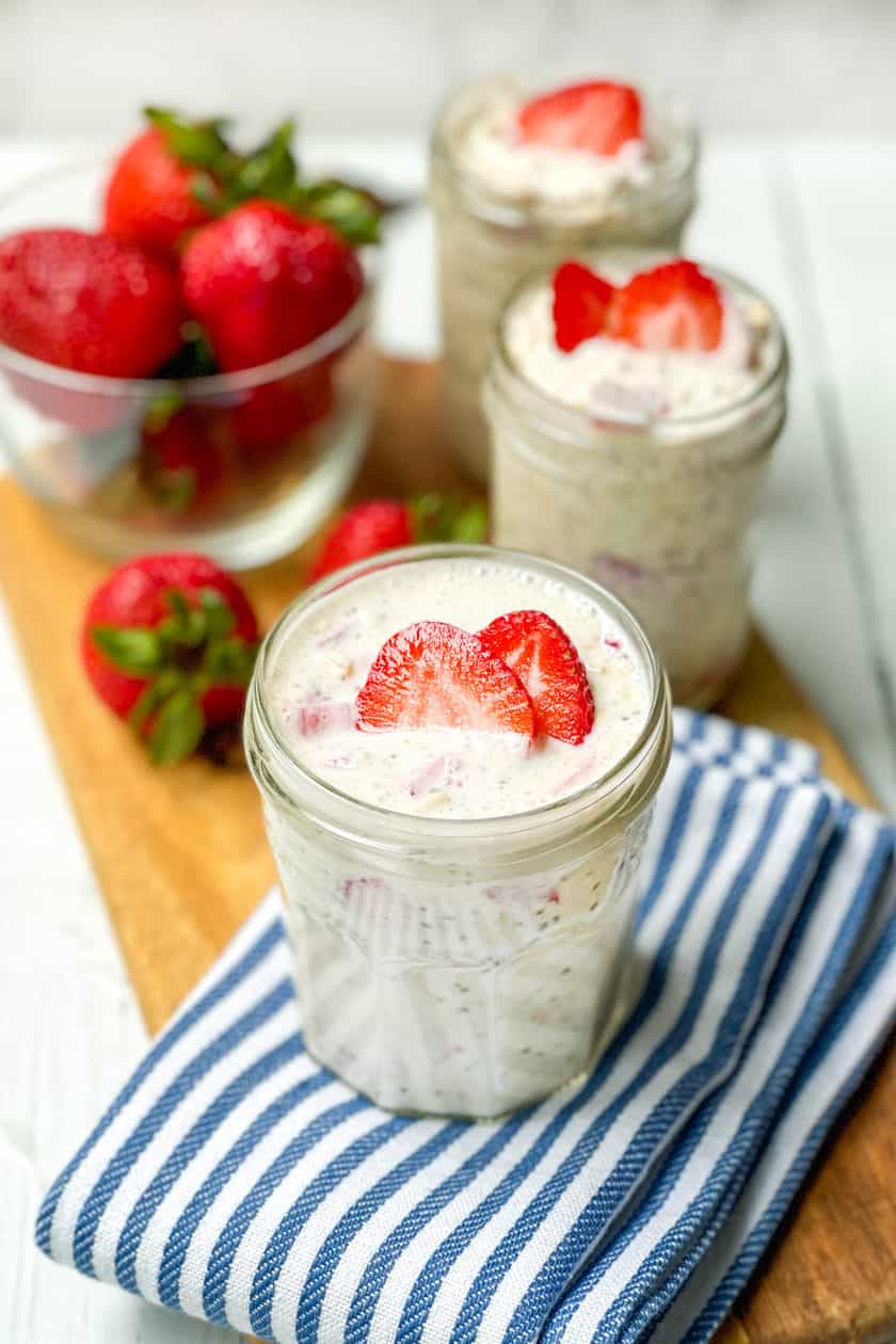 Top view of Strawberry Overnight Oats with slices of fresh strawberries