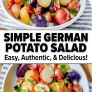 A bowl of colorful German Potato Salad with parsley and bacon, featuring red, yellow, and purple potatoes, sits on a striped cloth next to stacked plates.