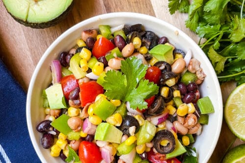 Top view of Cowboy Caviar with halved avocados