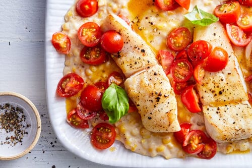 Pan seared halibut with creamed corn