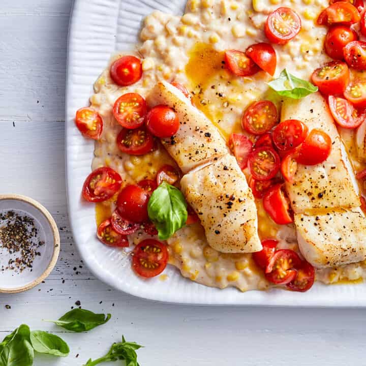 Pan seared halibut with creamed corn