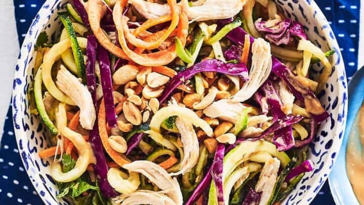 A bowl of spiralized vegetables, shredded chicken, red cabbage, and peanuts makes an easy July 20 Minute Dinner, served on a blue patterned cloth.
