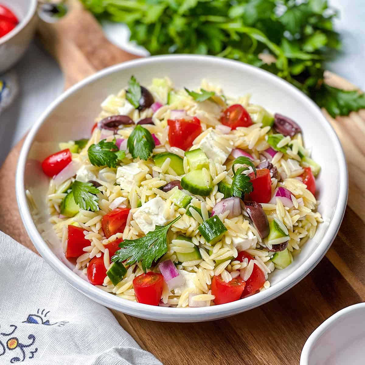 Greek Orzo pasta salad with fresh parsley, vegetables and Mediterranean olives with more fresh herbs on the side.