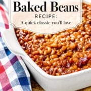 Single image poster of Boston Baked Beans in a rustic dish, styled for a summer BBQ spread with a bold recipe title overlay.